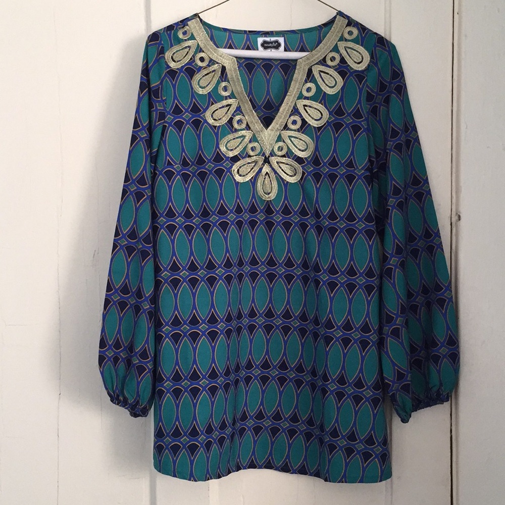 Green/ Blue Tunic Dress with Gold-lined Detailing